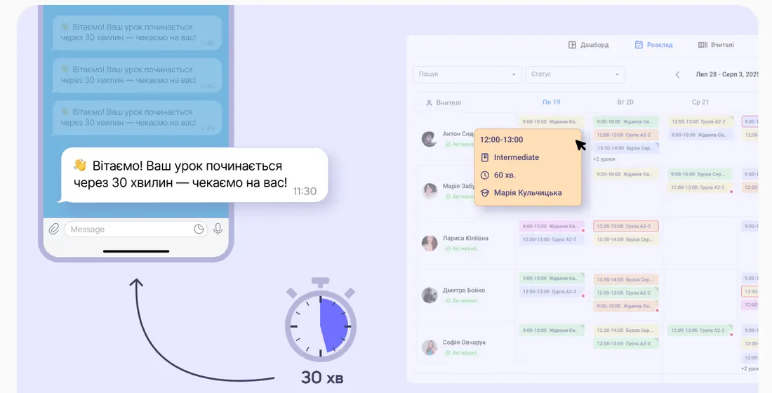 Автоматичні нагадування перед початком уроку в системі Optimate